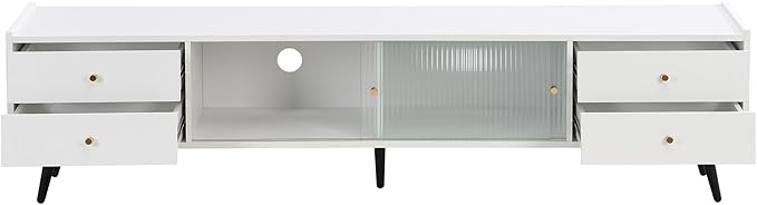 Merax Contemporary TV Stand with Sliding Fluted Glass Doors and Golden Metal Handles, Slanted Drawers Media Console for Television Up to 70", Chic Elegant Storage Cabinet, 66.9" Length, White - LeafyLoom