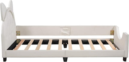 Twin Size Upholstered Daybed, Wooden Low Platform Bed Frame with Carton Ears Shaped Headboard, Rails for Kids Girls Boys, White - LeafyLoom