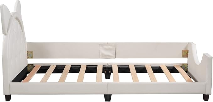 Twin Size Upholstered Daybed, Wooden Low Platform Bed Frame with Carton Ears Shaped Headboard, Rails for Kids Girls Boys, White - LeafyLoom