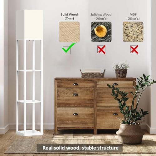 PAZZO Floor Lamp with Shelves by Solid Wood, Modern Shelf Floor Lamp with 3 Color Temperature, Linen Lampshade and Storage Shelves for Living Room, Bedroom, Bulb Included(White) - LeafyLoom
