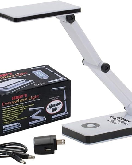 Jerry's Artarama Portable LED Desk Lamp - Flexible Gooseneck, Adjustable Level 24 LEDs, Stepless Dimming Desk Lamp, Perfect for Crafting - includes AC/USB Power Supply (Optional AA Battery) - White - LeafyLoom