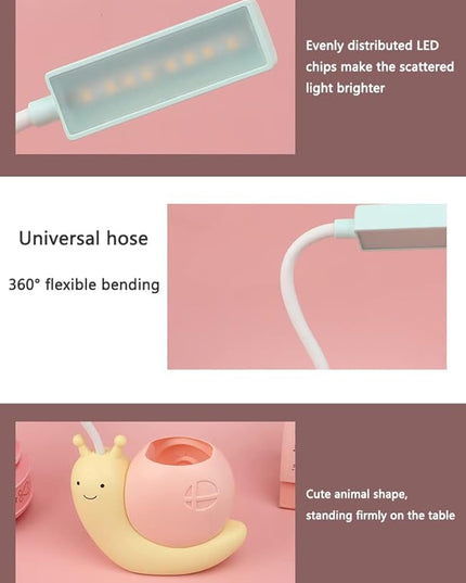 Cute Kids Lamp with Pen Holder,LED Desk Lamp for Child,Snail Shape USB Charging Student Learning Eye Protection Lamp with 360° Bendable Adjustable Neck Yellow - LeafyLoom