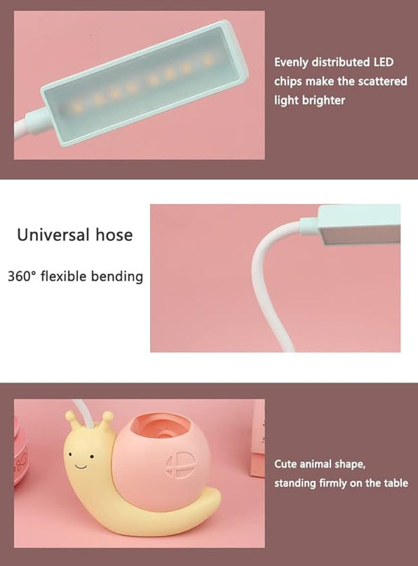 Cute Kids Lamp with Pen Holder,LED Desk Lamp for Child,Snail Shape USB Charging Student Learning Eye Protection Lamp with 360° Bendable Adjustable Neck Yellow - LeafyLoom