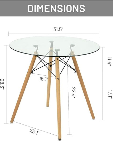 FurnitureR 31.5 Inch Modern Round Dining Table Glass with Wooden Legs for Home Kitchen Living Room Corner Small Spaces Leisure - LeafyLoom