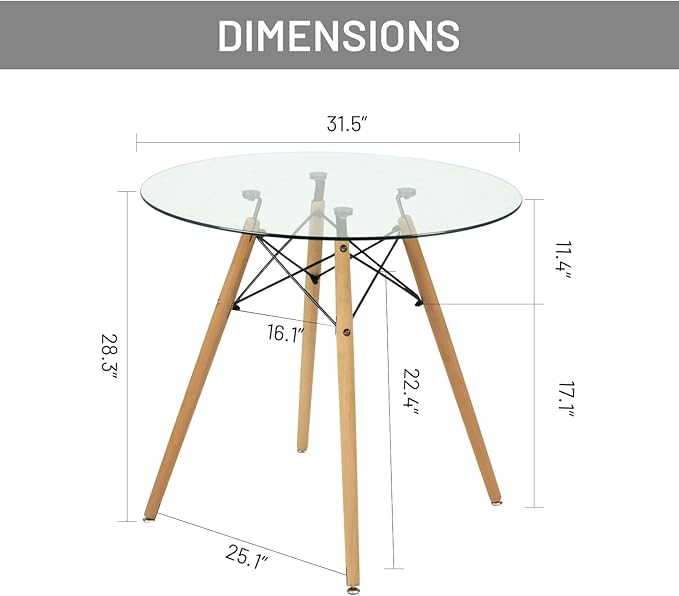 FurnitureR 31.5 Inch Modern Round Dining Table Glass with Wooden Legs for Home Kitchen Living Room Corner Small Spaces Leisure - LeafyLoom