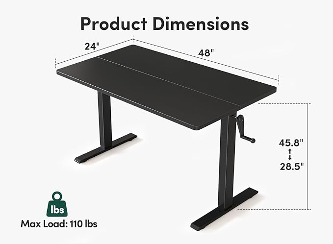 FEZIBO Crank Height Adjustable Desk, 48 Inches Manual Standing Desk, Writing Table with Handle, Home Office Desk with Black Frame/Black Table Top - LeafyLoom