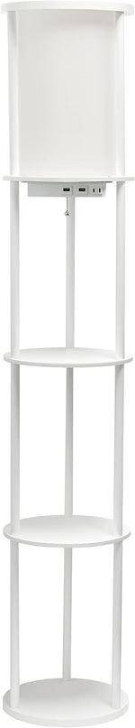 Simple Designs 62.5" LF2010-WHT Round Modern Shelf Etagere Organizer Storage Floor Lamp with 2 USB Charging Ports, 1 Charging Outlet and Linen Shade for Living Room Bedroom Office, White - LeafyLoom