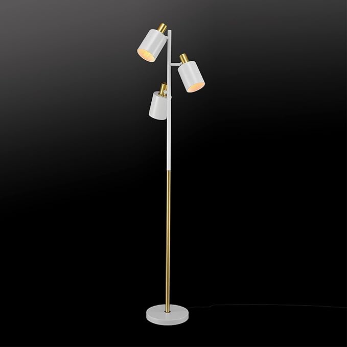Globe Electric 65538 67" 3-Light Floor Lamp, Matte White, Antique Brass Accents, Pivoting Lamp Heads, in-Line On/Off Foot Switch, Floor Lamp for Living Room, Floor Lamp for Bedroom, Home Improvement - LeafyLoom