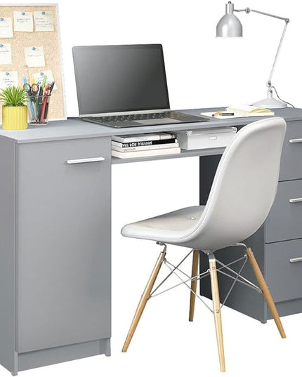 Madesa Computer Desk with 3 Drawers, 1 Door and 1 Storage Shelf, Wood Writing Home Office Workstation, Office Desk with Drawers - 30” H x 18” D x 53” W - Grey - LeafyLoom