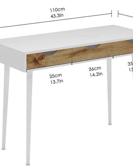 SogesHome 43.3 Computer Desk, Home Office Work Table with 3-Drawers, Gaming Working Writing Table, White&Teak - LeafyLoom