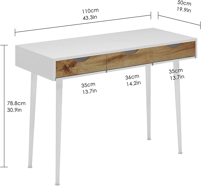 SogesHome 43.3 Computer Desk, Home Office Work Table with 3-Drawers, Gaming Working Writing Table, White&Teak - LeafyLoom