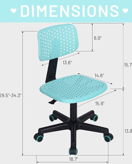 Desk Chair Armless Cute Office Chair, Low Back Rolling Home Office Task Chair Adjustable Swivel Study Chair for Girls Teens Adults Children Kids, Turquoise - LeafyLoom