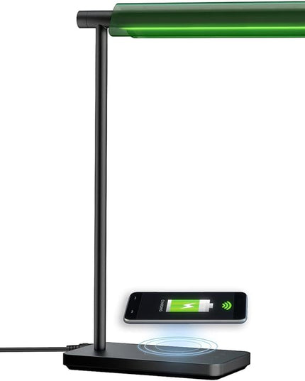 Modern LED Banker Lamp, Vintage Green Lampshade LED Desk Lamp,Office Home Decor Desk Light, with Touch Switch and Wireless Charging Function, for Study, Library, Bedroom - LeafyLoom
