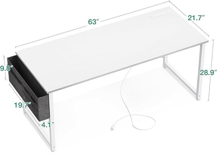 AODK 63 inch Small Computer Desk with Power Outlet for Small Spaces Home Office Student Laptop PC Writing Desks with Storage Bag Headphone Hook, White - LeafyLoom