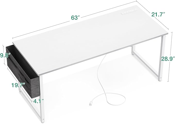 AODK 63 inch Small Computer Desk with Power Outlet for Small Spaces Home Office Student Laptop PC Writing Desks with Storage Bag Headphone Hook, White - LeafyLoom
