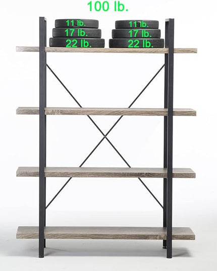 HSH 4-shelf Vintage Industrial Bookshelf, Rustic Gray Wood and Metal 4 Tier Bookcase, Open Wide Etagere Book Shelf for Home Office Livingroom Bedroom Dispaly, Light Grey Oak - LeafyLoom