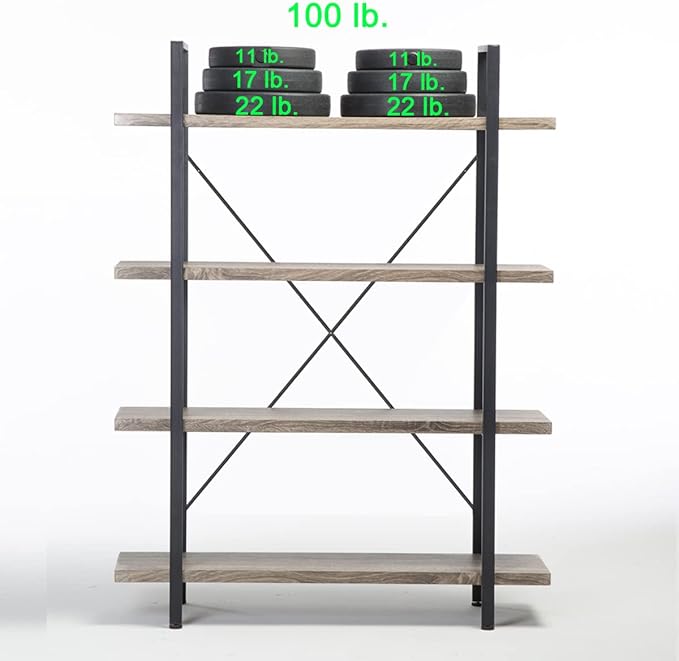 HSH 4-shelf Vintage Industrial Bookshelf, Rustic Gray Wood and Metal 4 Tier Bookcase, Open Wide Etagere Book Shelf for Home Office Livingroom Bedroom Dispaly, Light Grey Oak - LeafyLoom