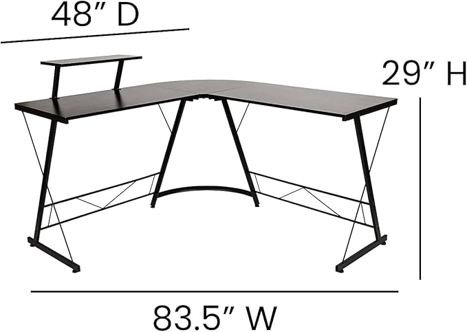 Flash Furniture Ginny Corner Desk - Black/Black Space Saving L-Shaped Gaming Desk with Monitor Shelf - 71.5" 2-Tier Computer Desk, Home Office Desk, Easy Assembly - LeafyLoom