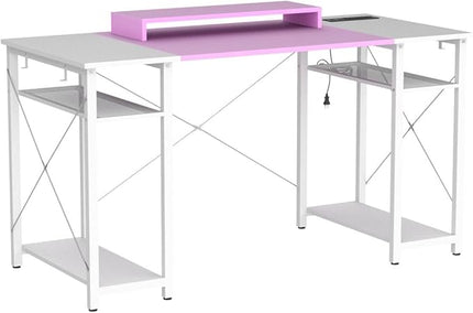 armocity Computer Desk with LED Lights, 48 Inch Desk with Power Outlet and USB, Reversible Large Desk with Moveable Monitor Stand, 48'' Gaming PC Table for Home Office, Workstation, Pink and White - LeafyLoom