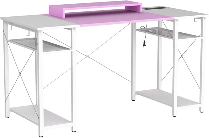 armocity Computer Desk with LED Lights, 48 Inch Desk with Power Outlet and USB, Reversible Large Desk with Moveable Monitor Stand, 48'' Gaming PC Table for Home Office, Workstation, Pink and White - LeafyLoom