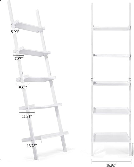 HYNAWIN Ladder Shelf 5-Tier Bookshelf –Bamboo Storage Rack Shelves Wall Leaning Shelf,White Freestanding Plant Flower Stand, Corner Display Bookcase - LeafyLoom