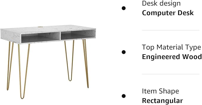 Novogratz Athena Computer Desk with Storage, White Marble - LeafyLoom