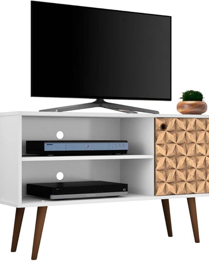 Manhattan Comfort Liberty Mid Century Modern TV Stand for Televisions up to 46 Inches, Bedroom and Living Room Entertainment Center with Storage, Shelves, and Cabinet, 43" Wide, White/3D Brown - LeafyLoom