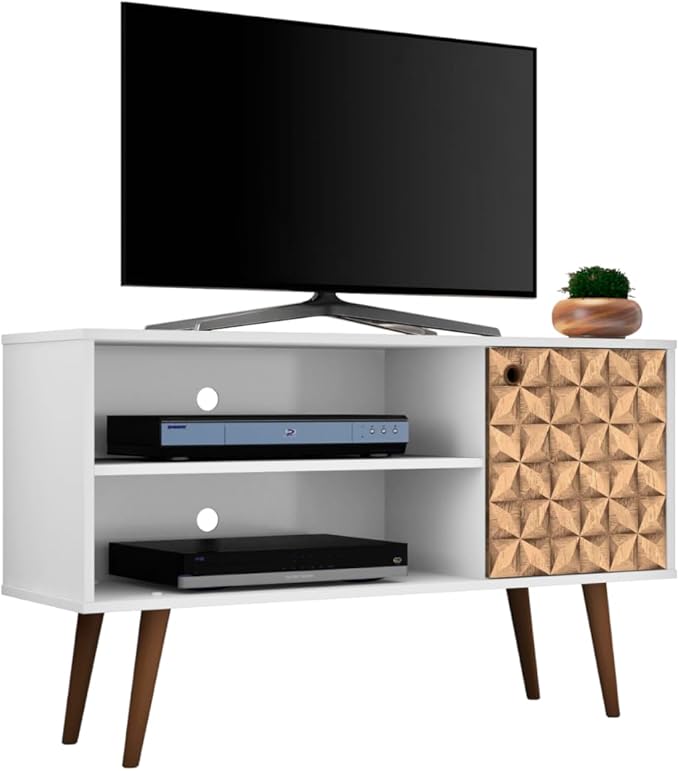 Manhattan Comfort Liberty Mid Century Modern TV Stand for Televisions up to 46 Inches, Bedroom and Living Room Entertainment Center with Storage, Shelves, and Cabinet, 43" Wide, White/3D Brown - LeafyLoom