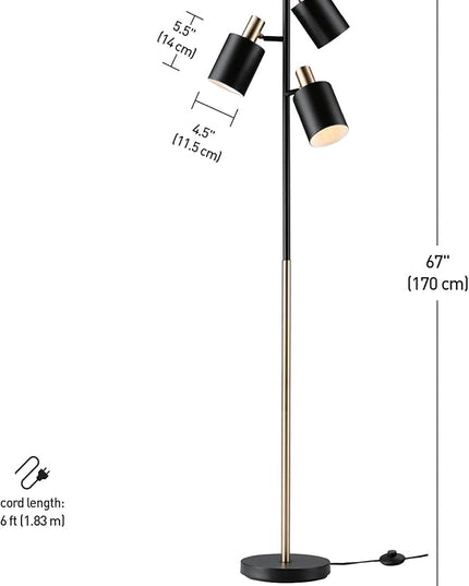 Globe Electric 67354 67" 3-Light Track Tree Lamp, Matte Black, Matte Brass Accents, Floor Lamp for Living Room, Adjustable Lamp, Home Office Accessories, Home Improvement, Reading Lamp - LeafyLoom