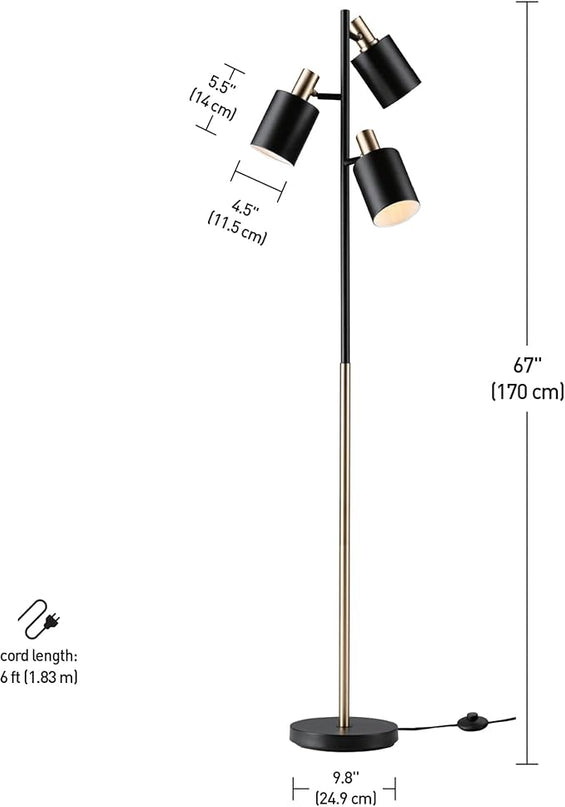 Globe Electric 67354 67" 3-Light Track Tree Lamp, Matte Black, Matte Brass Accents, Floor Lamp for Living Room, Adjustable Lamp, Home Office Accessories, Home Improvement, Reading Lamp - LeafyLoom