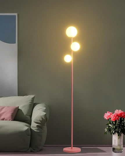 3 Globe Floor Lamp with Sphere Frosted Glass Shade and Warm Light LED Bulbs, Pink Modern Standing Lamp, Cute LED Tall Pole Lamp for Living Room, Bedroom, Girls Room - Elegant Pink - LeafyLoom