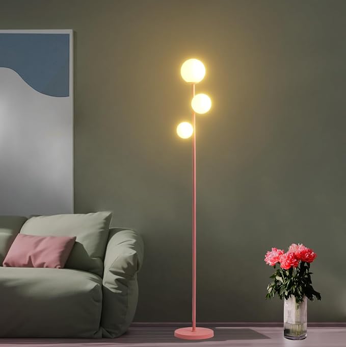 3 Globe Floor Lamp with Sphere Frosted Glass Shade and Warm Light LED Bulbs, Pink Modern Standing Lamp, Cute LED Tall Pole Lamp for Living Room, Bedroom, Girls Room - Elegant Pink - LeafyLoom