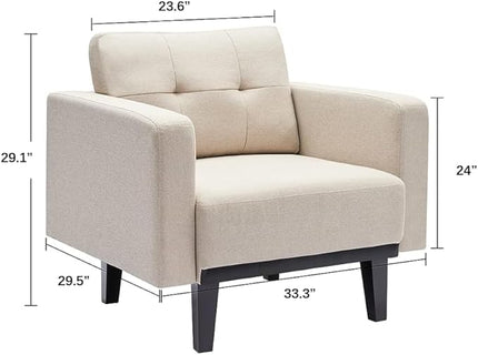 Mid-Century Modern Cream Accent Chair Set of 2, Oversized Upholstered Single Sofa Chair with Wood Base and Wood Legs, Comfy Living Room Armchairs for Apartment Bedroom Office Study, Ivory/Beige - LeafyLoom