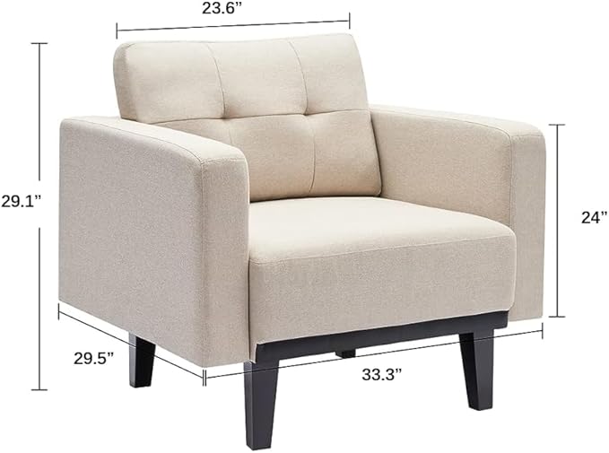 Mid-Century Modern Cream Accent Chair Set of 2, Oversized Upholstered Single Sofa Chair with Wood Base and Wood Legs, Comfy Living Room Armchairs for Apartment Bedroom Office Study, Ivory/Beige - LeafyLoom