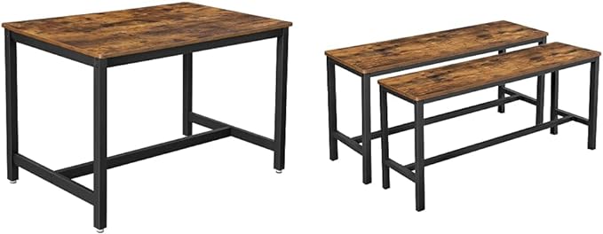 VASAGLE 47 Inches Dining Room Table Set for 4 with 2 Benches, Industrial Style - LeafyLoom