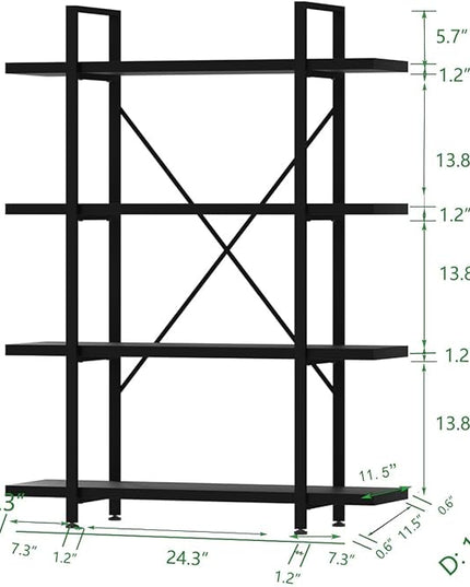 HSH 4 Tier Black Bookshelf, Industrial Metal Wood Storage Book Shelves, Modern Open 4 Shelf Bookcase and Display Etagere, Vertical Book Shelf for Bedroom Living Room Office - LeafyLoom