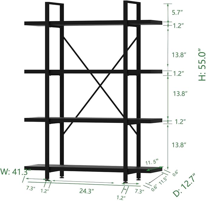 HSH 4 Tier Black Bookshelf, Industrial Metal Wood Storage Book Shelves, Modern Open 4 Shelf Bookcase and Display Etagere, Vertical Book Shelf for Bedroom Living Room Office - LeafyLoom