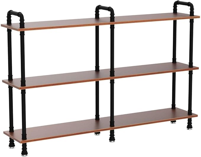 3 Tier Long Industrial Bookshelf, 3 Realwood Industrial Pipe Bookshelf for Living Room, Entry, Office (Rustic Brown, 60" L x 11.8" W x 39" H) - LeafyLoom