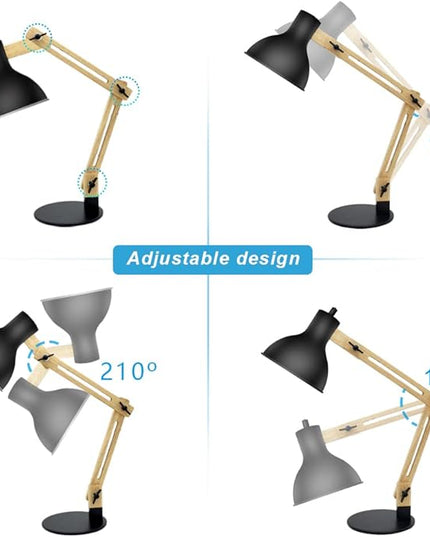 DLLT Swing Arm Desk Lamp, Wood Adjustable Gooseneck Table Lamp, Modern Architect Desk Light, Reading Light for Work, Study, Bedroom, Home Office, College Dorm, Black Metal Shade, E26 Bulb Included - LeafyLoom