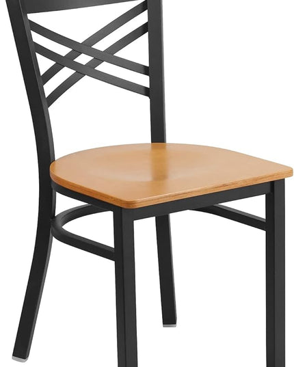 Flash Furniture 2 Pack HERCULES Series Black ''X'' Back Metal Restaurant Chair - Natural Wood Seat - LeafyLoom