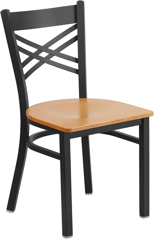 Flash Furniture 2 Pack HERCULES Series Black ''X'' Back Metal Restaurant Chair - Natural Wood Seat - LeafyLoom