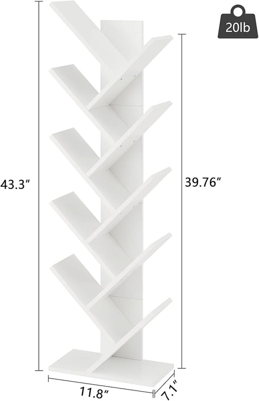 Hoctieon 10 Tier Tree Bookshelf, 10 Shelf Bookcase, Free Standing Tree Bookcase, Display Floor Standing Shelf for Books, Book Shelf Organizer, White - LeafyLoom