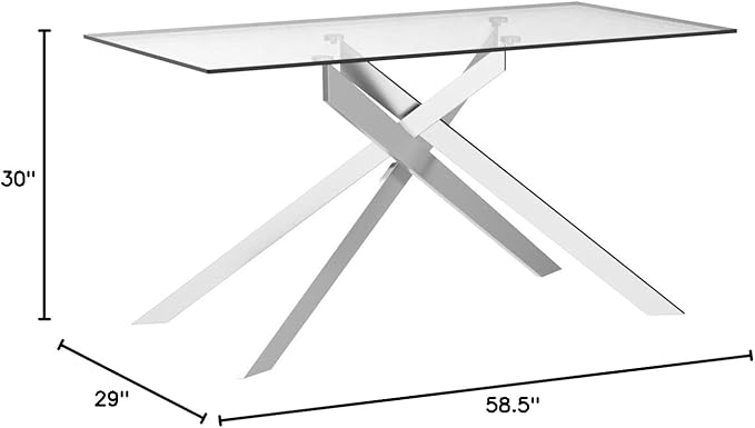 Edwin's Choice 58.5” Rectangle Glass Dining Table, Tempered Glass Tabletop and Metal Tubular Legs, Modern Style Table for Home, Kitchen, Dining Room 58.5”Lx29”Wx30”H, Silver - LeafyLoom