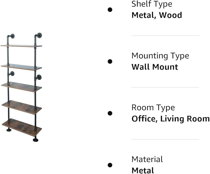 5 Shelf Industrial Pipe Shelving, Black Modern Bookcase Bookshelf, Wall Mount Ladder Shelf with Metal Frame Display Selves - LeafyLoom