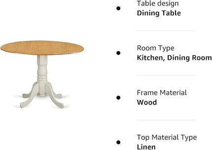 East West Furniture DLT-OLW-TP Dublin Modern Kitchen Table - a Round Dining Table Top with Dropleaf & Pedestal Base, 42x42 Inch, Oak & Linen White - LeafyLoom