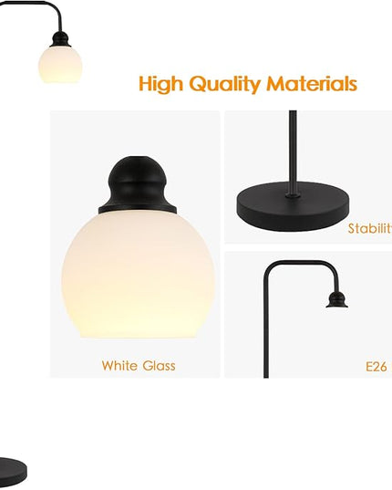 Modern Floor Lamp for Living Room, Black, with 3 Color Temperatures LED Bulb, Industrial Design, 63.2 in H, White Glass Shade, E26 9W A19 LED Bulb Included - LeafyLoom
