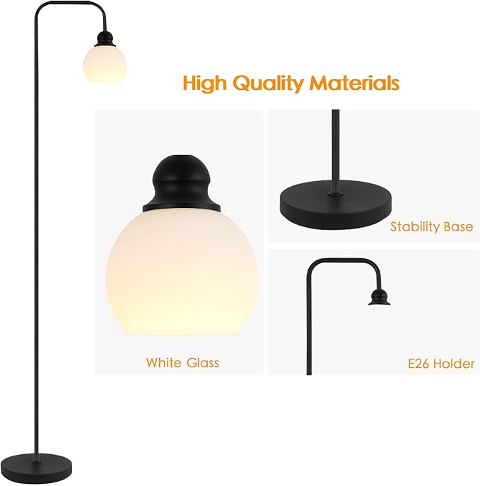 Modern Floor Lamp for Living Room, Black, with 3 Color Temperatures LED Bulb, Industrial Design, 63.2 in H, White Glass Shade, E26 9W A19 LED Bulb Included - LeafyLoom
