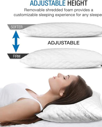 Dream Rite Shredded Memory Foam Pillow Series Luxury Adjustable Loft Home Pillow Hotel Collection Grade Washable Removable Cooling Bamboo Derived Rayon Cover- Queen 1 Pack - LeafyLoom