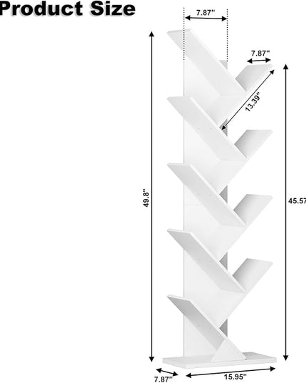 Function Home 9 Tier Tree Bookshelf, Modern Tall Geometric Bookcase, Freestanding Book Shelf, Wood Floor Storage Shelf for Living Room, Bedroom, Home Office,White - LeafyLoom