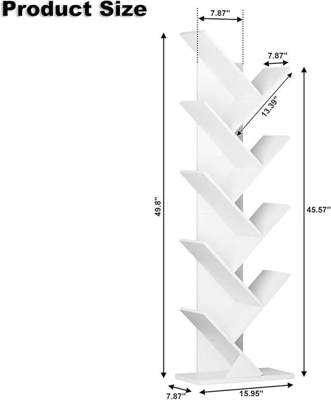 Function Home 9 Tier Tree Bookshelf, Modern Tall Geometric Bookcase, Freestanding Book Shelf, Wood Floor Storage Shelf for Living Room, Bedroom, Home Office,White - LeafyLoom